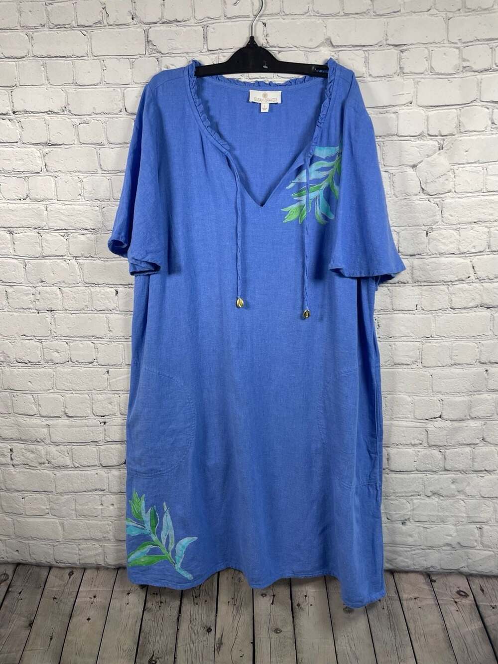 Susan Graver Blue Linen Blend Leaf Print Beach Coverup Muumuu Dress Sz L